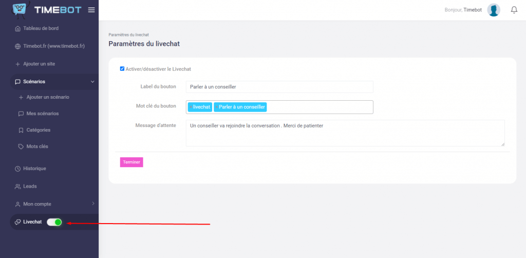 activer le livechat sur Timebot